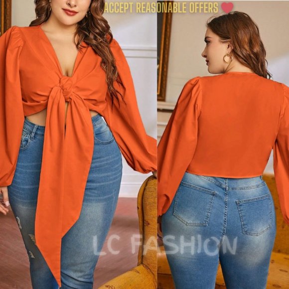 Plus Crop Top, Lantern Sleeve Knot Front Crop Top, Summer casual minimalist top - Picture 1 of 7